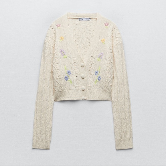 NWT Zara Floral Embroidered Cropped Knit Cardigan - 4331/082 - Picture 1 of 10